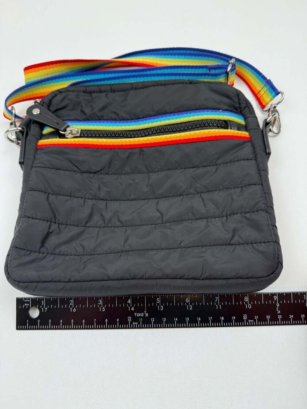 Sondra Roberts Squared Black Quilted Puffer Crossbody Bag with Rainbow Strap - Picture 8 of 8